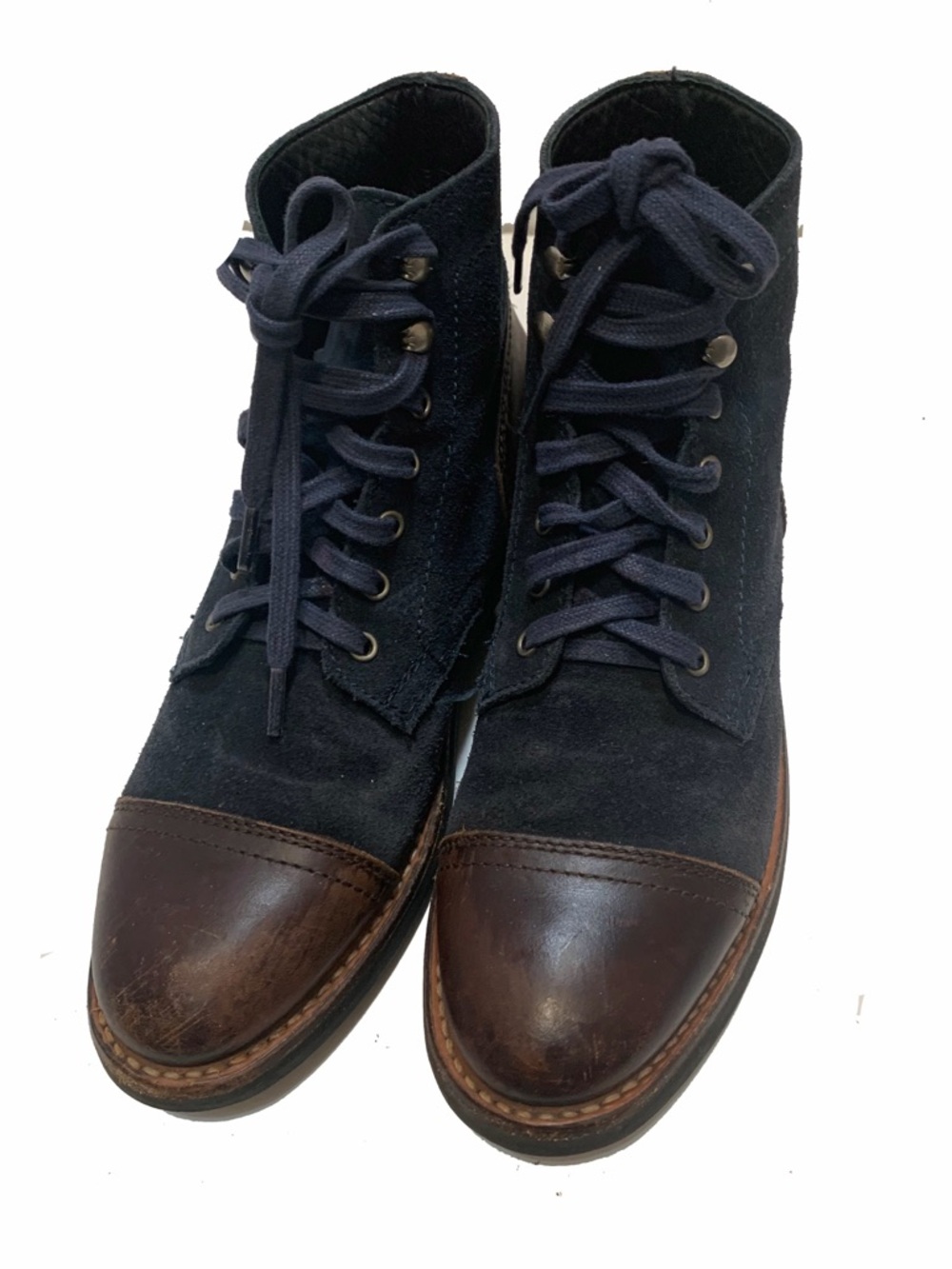 Thursday boots captain Men's Navy Suede and Brown Leather Cap-Toe Lace-Up Boots